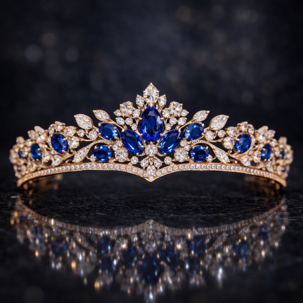 blue sapphire diamond rose gold tiara