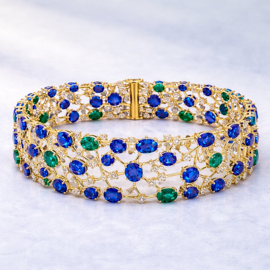 sapphire emerald diamond yellow gold bracelet