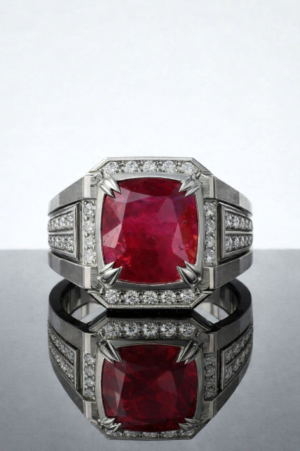 Sovereign Crown ruby ring featuring natural 5 carat red ruby surrounded by diamonds
