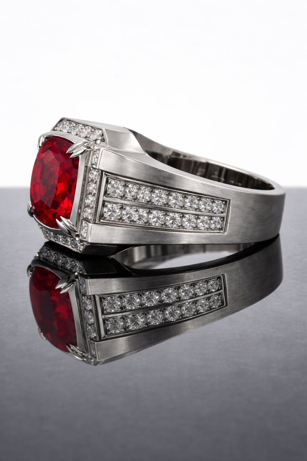 Sovereign Crown ruby ring featuring natural 5 carat red ruby surrounded by diamonds GIA for men white gold