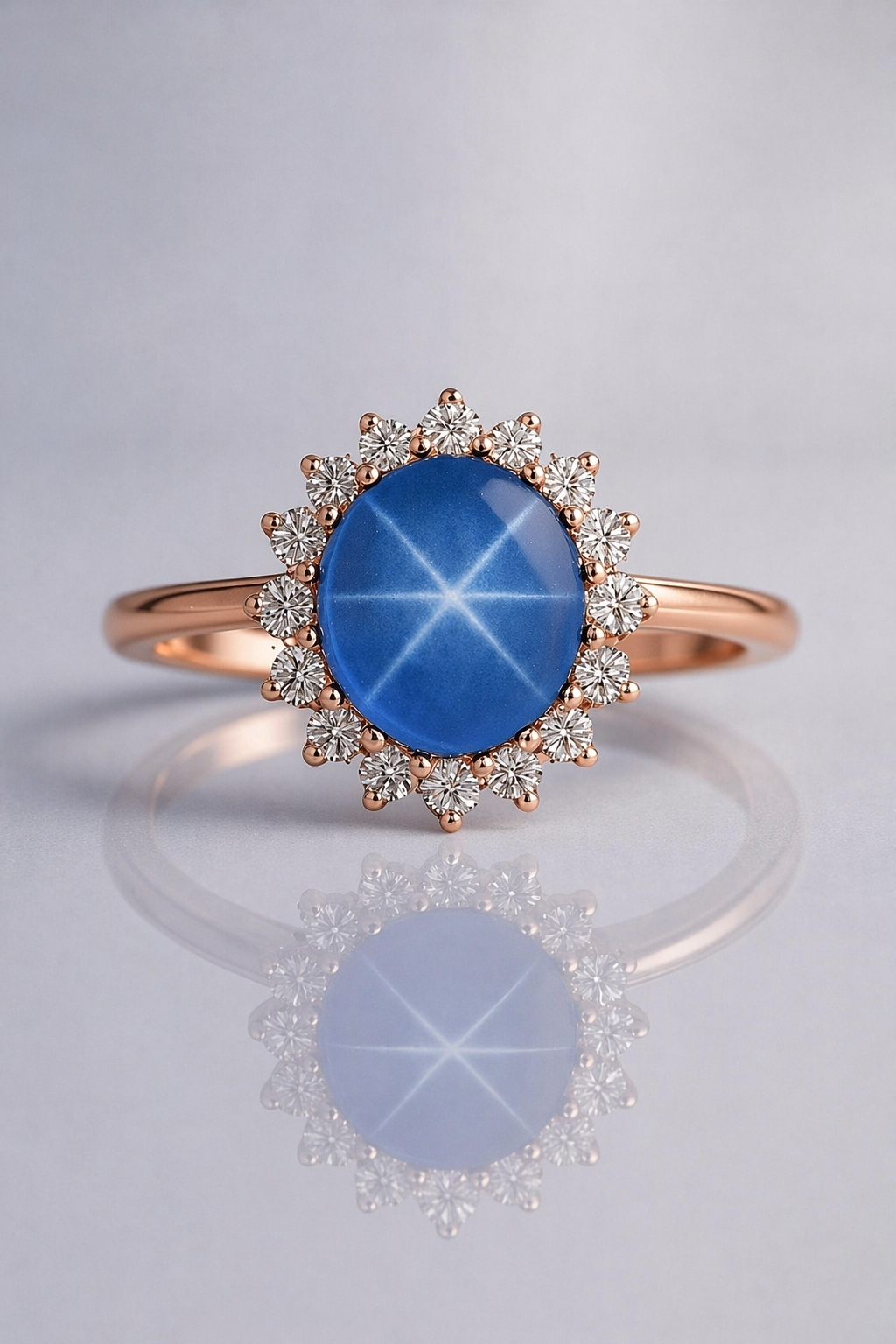 star sapphire diamond halo rose gold ring