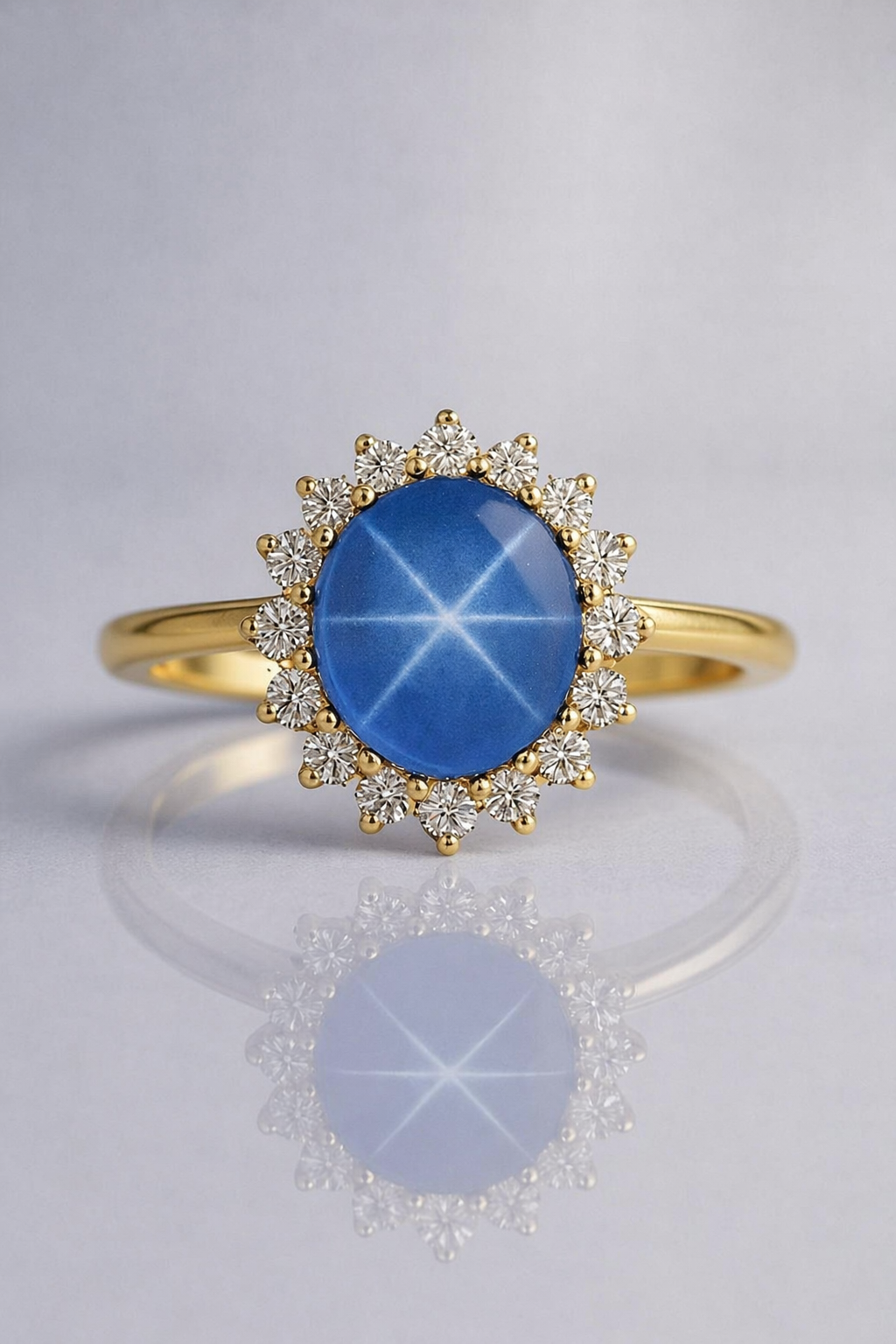 star sapphire diamond halo yellow gold ring