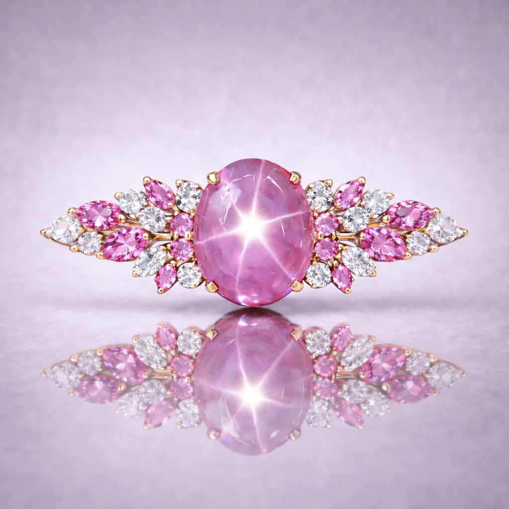 star sapphire diamond rose gold brooch