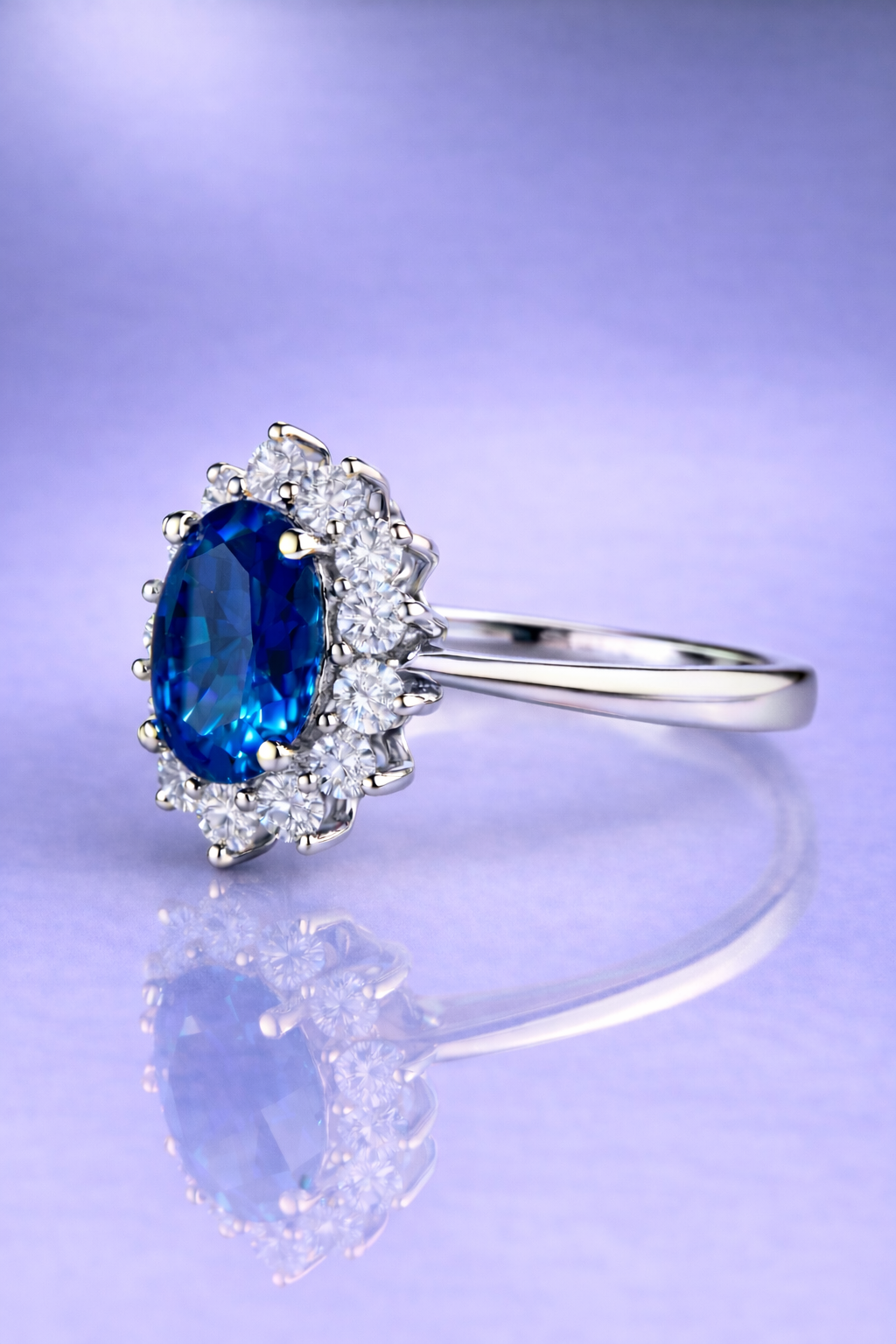 Kaelvion Blue Sapphire & Diamond Halo Ring