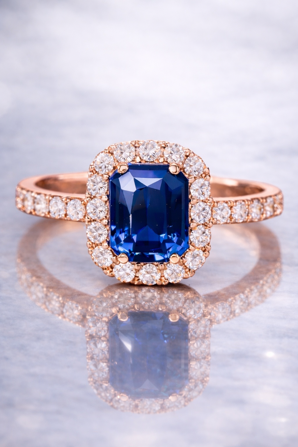 blue sapphire diamond halo rose gold ring