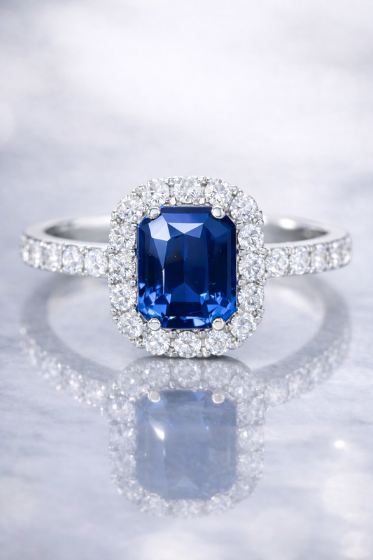 blue sapphire diamond halo white gold ring