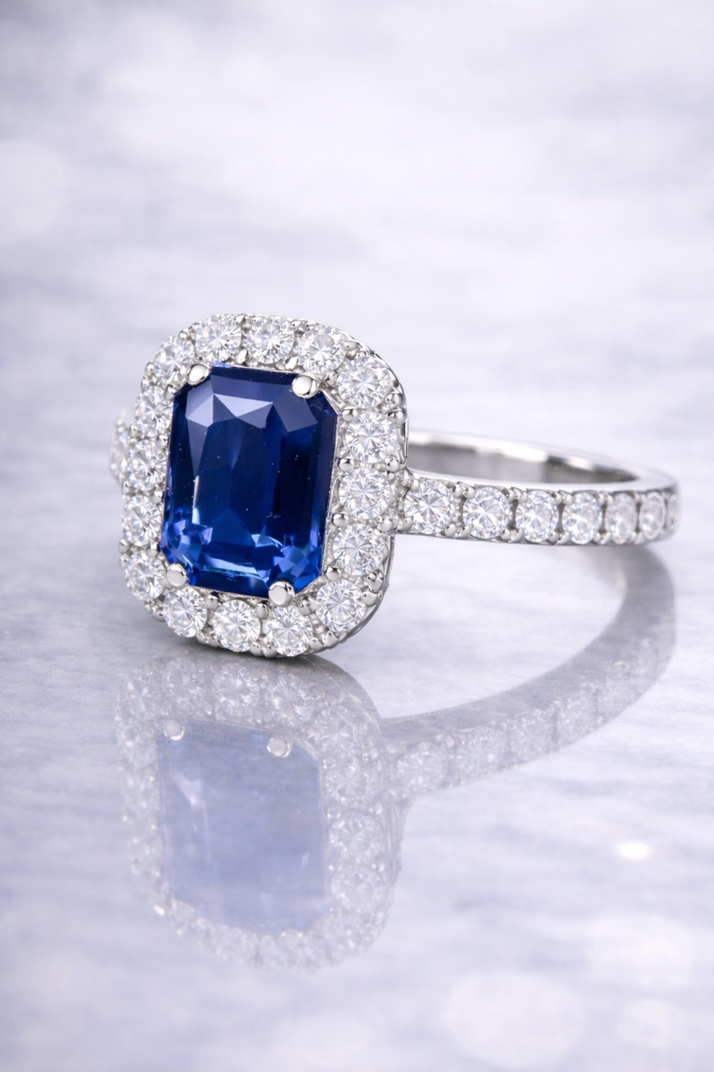 blue sapphire diamond halo platinum ring