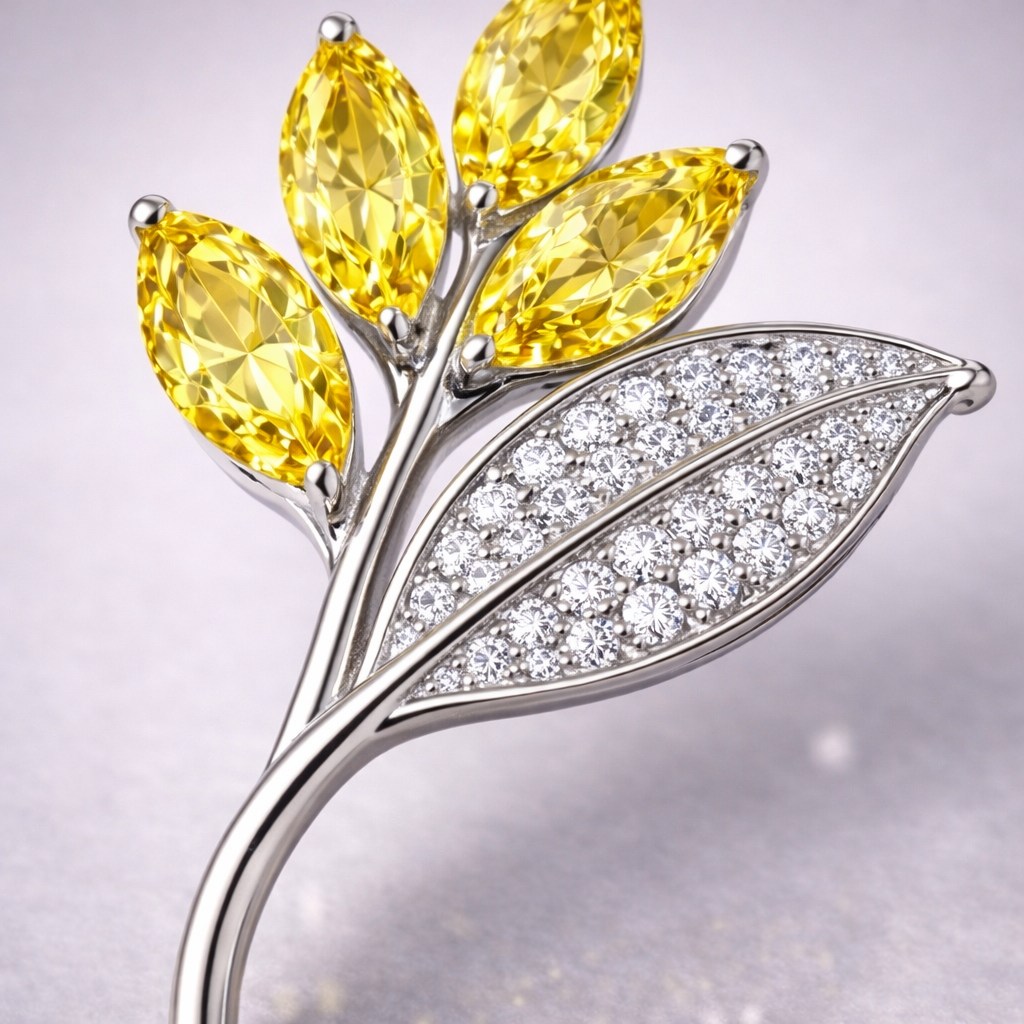 yellow sapphire diamond platinum brooch macro