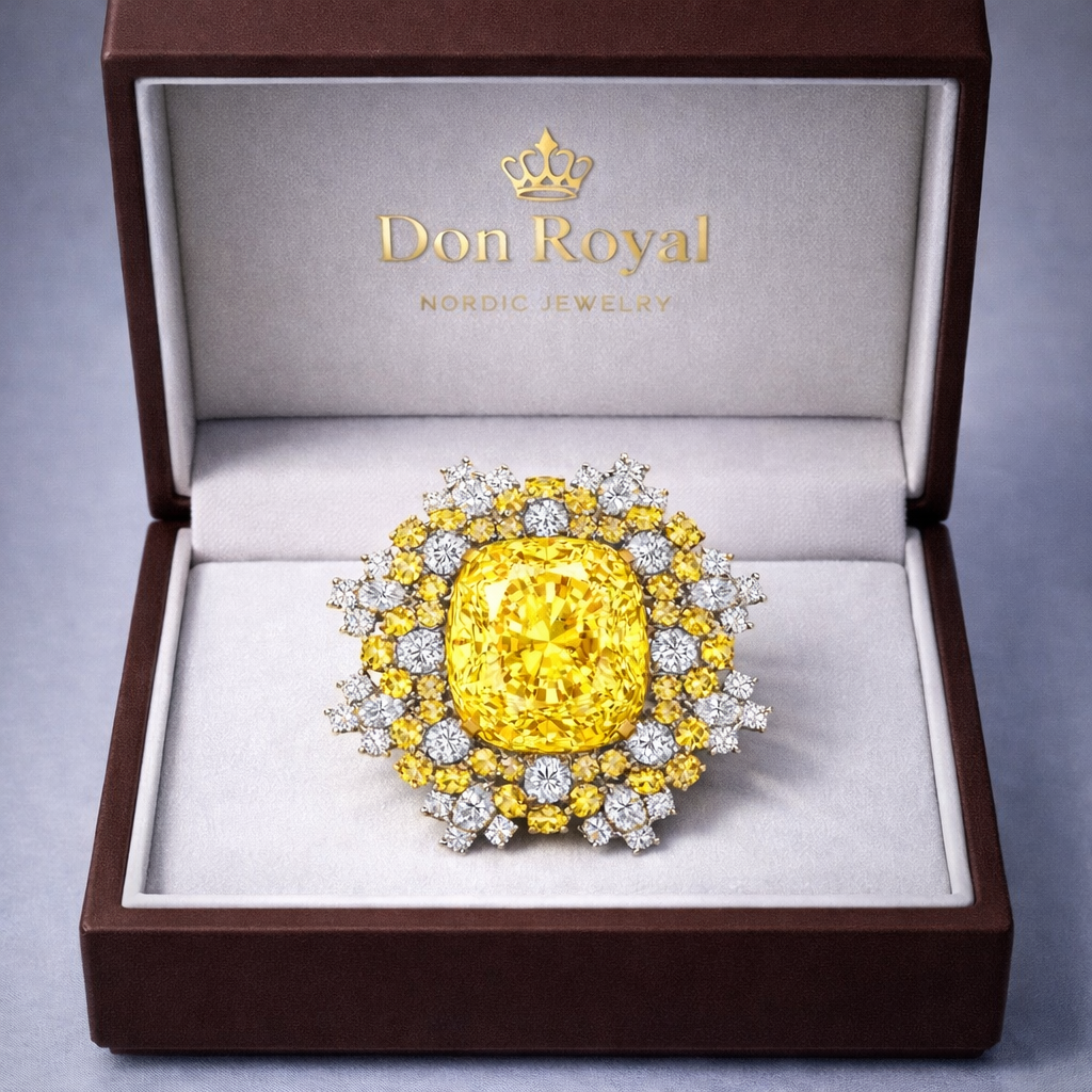 yellow sapphire diamond brooch in box