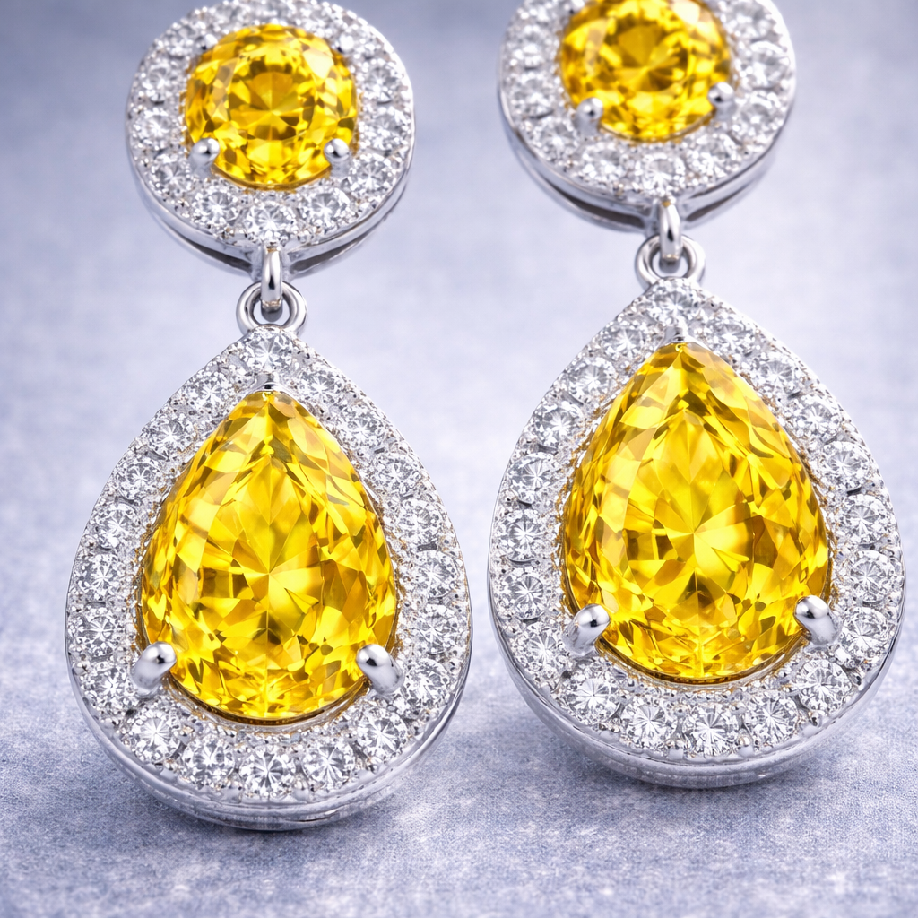 yellow sapphire diamond platinum earrings macro