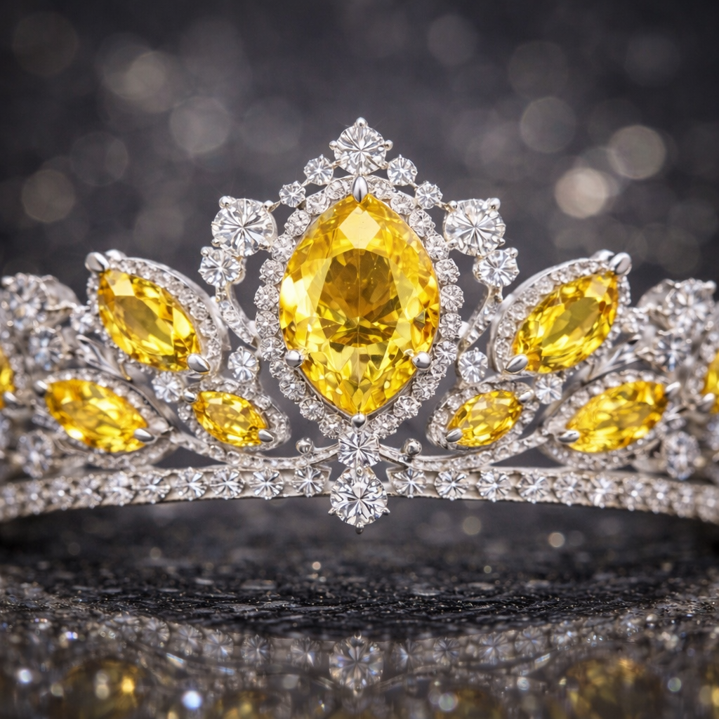 yellow sapphire diamond white gold tiara macro