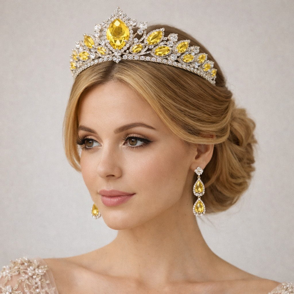 yellow sapphire diamond white gold tiara model