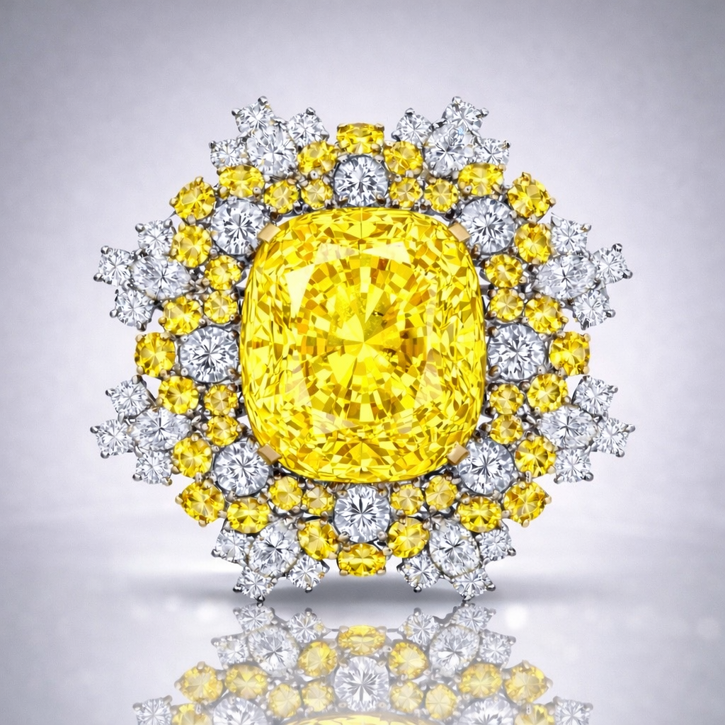 yellow sapphire diamond white gold brooch