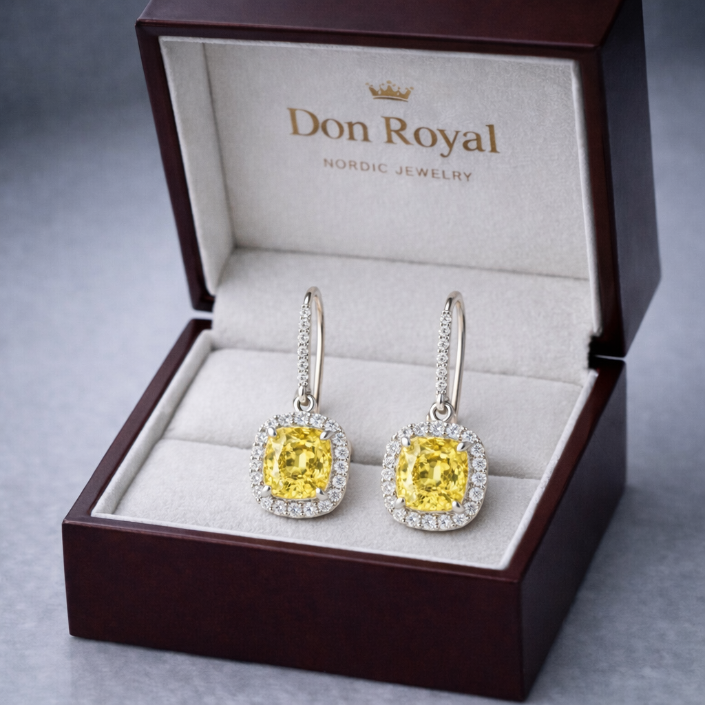 yellow sapphire halo diamond white gold earrings in box