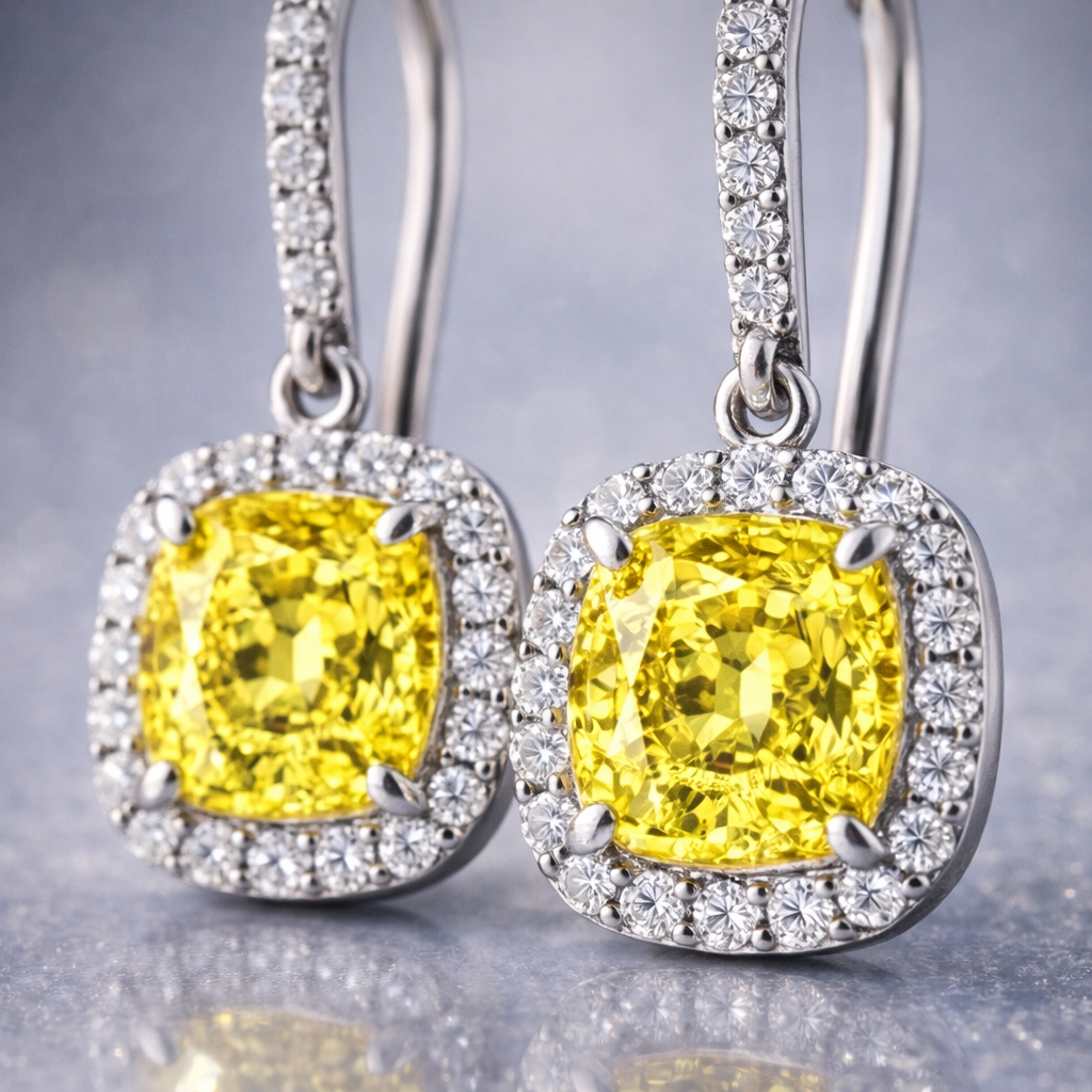 yellow sapphire halo diamond platinum earrings