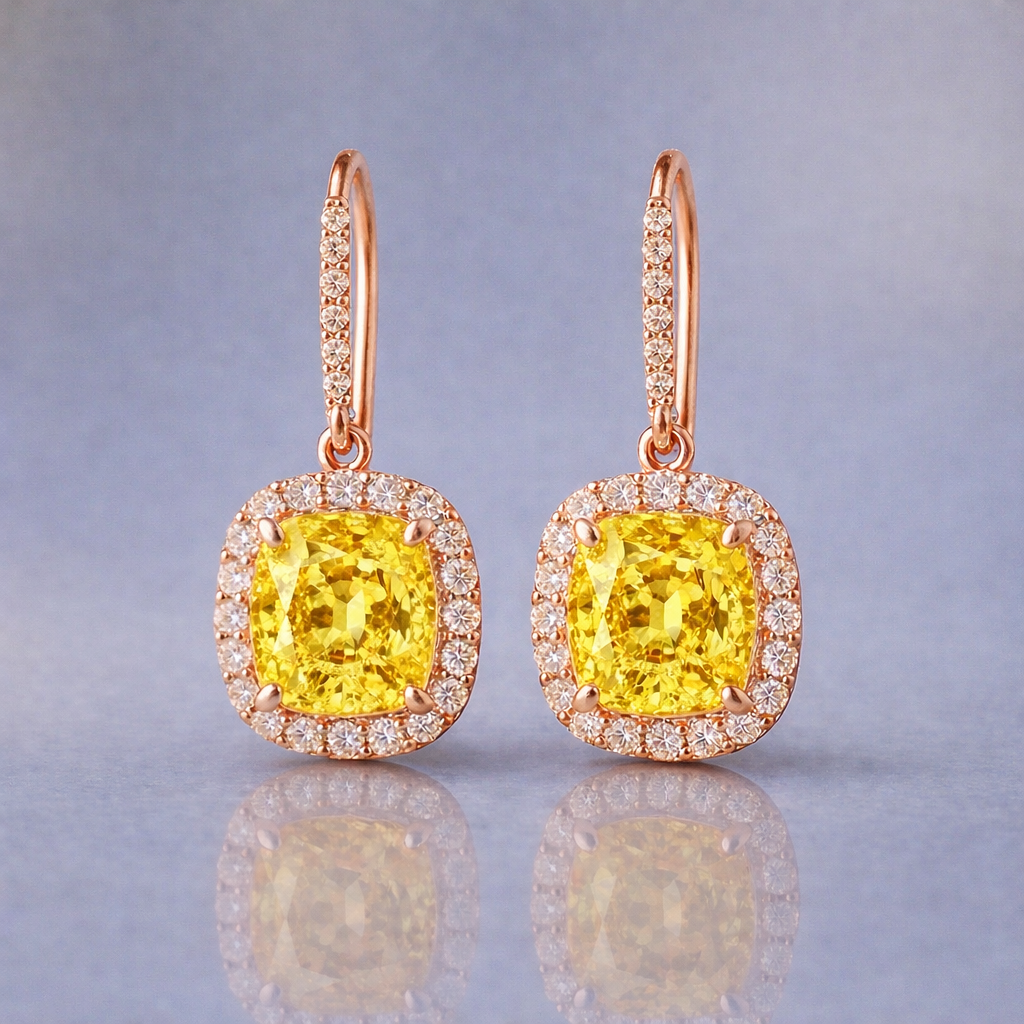 yellow sapphire halo diamond rose gold earrings